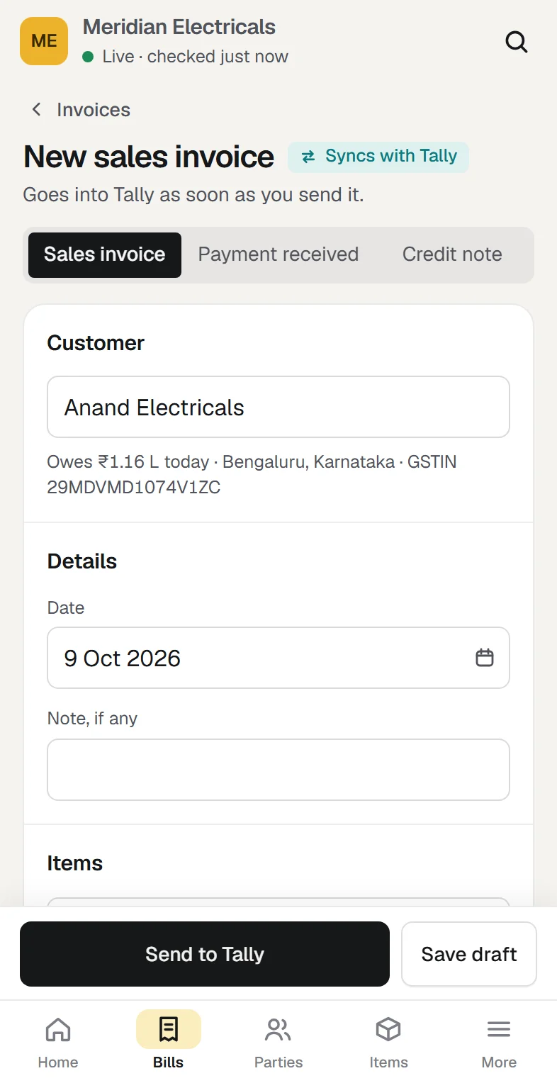 Orzoni showing the sample company: make a bill without opening tally. At phone width.