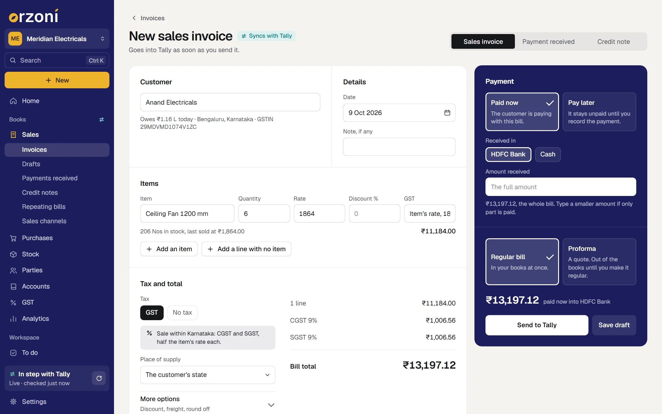 Orzoni showing the sample company: make a bill without opening tally.