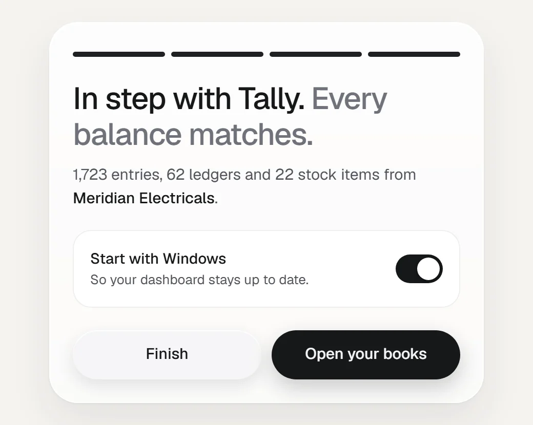 Orzoni's finished set-up screen: in step with Tally, every balance matches.