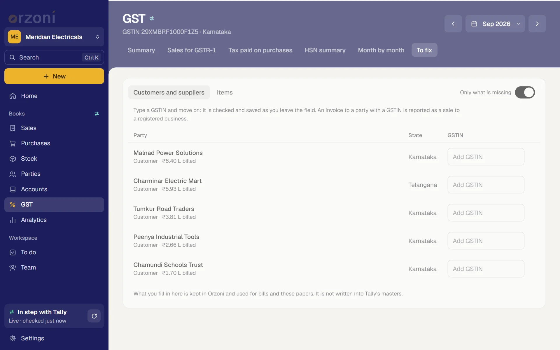 Missing details: your own GSTIN, then a list of parties with a box to type each GSTIN