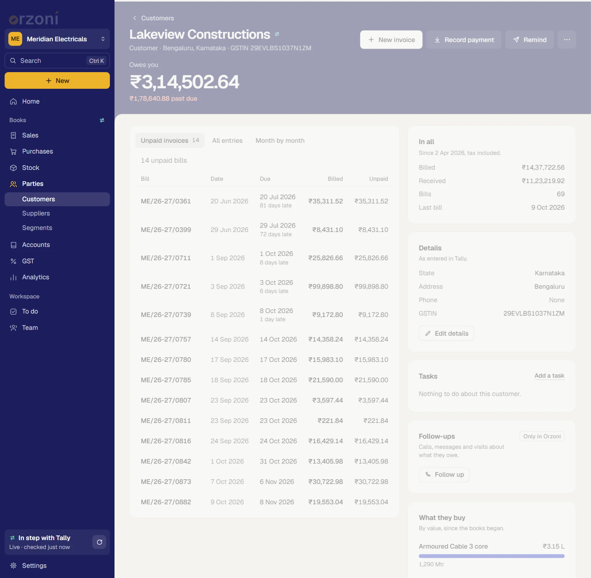One customer's page: what they owe, what was billed in all, and the month-by-month account