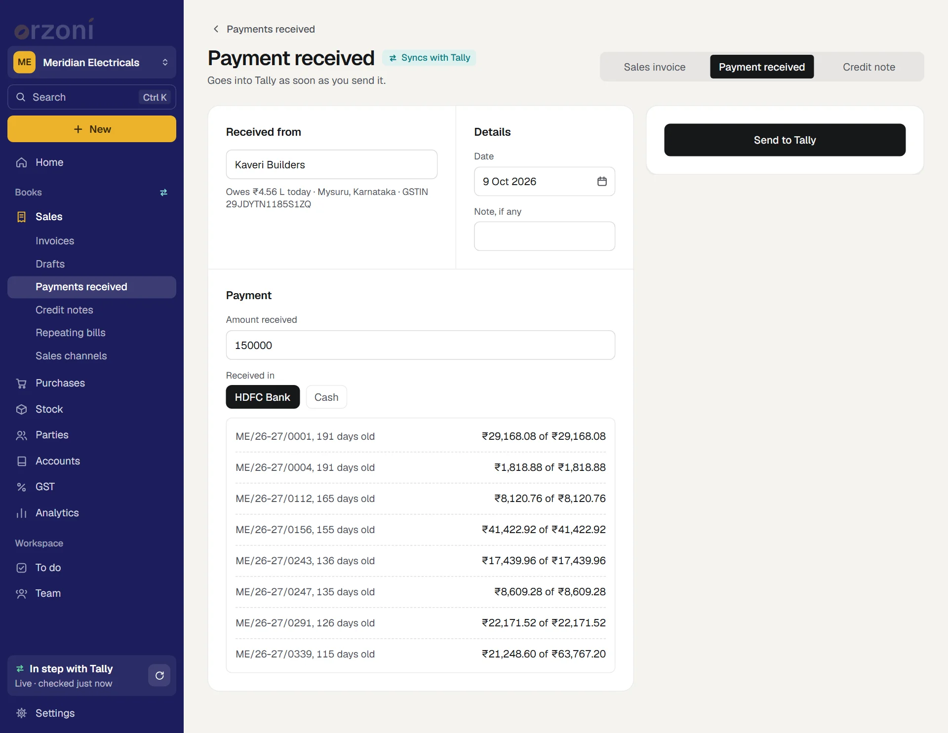 Recording a payment: the customer, the amount, where it was received, and which invoices it settles